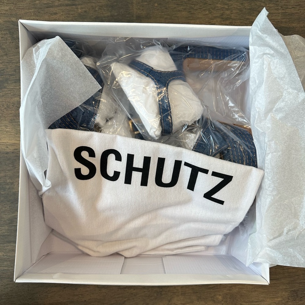 SCHUTZ Denim Blue Platform Sandal Heels - Picture 4 of 9